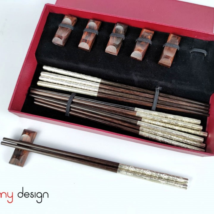 Set of 6 pairs of round rosewood chopsticks with silver head of chopstick engraved with the longevity with chopstick holders